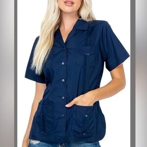 NEW Ladies BLACK Short Sleeve guayabera  Button-Up Shirt M